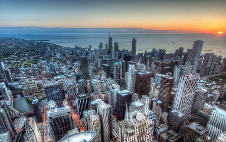 city, Urban, Aerial view, Cityscape, Sunrise, Chicago, Skyscraper HD Wallpaper Desktop Background