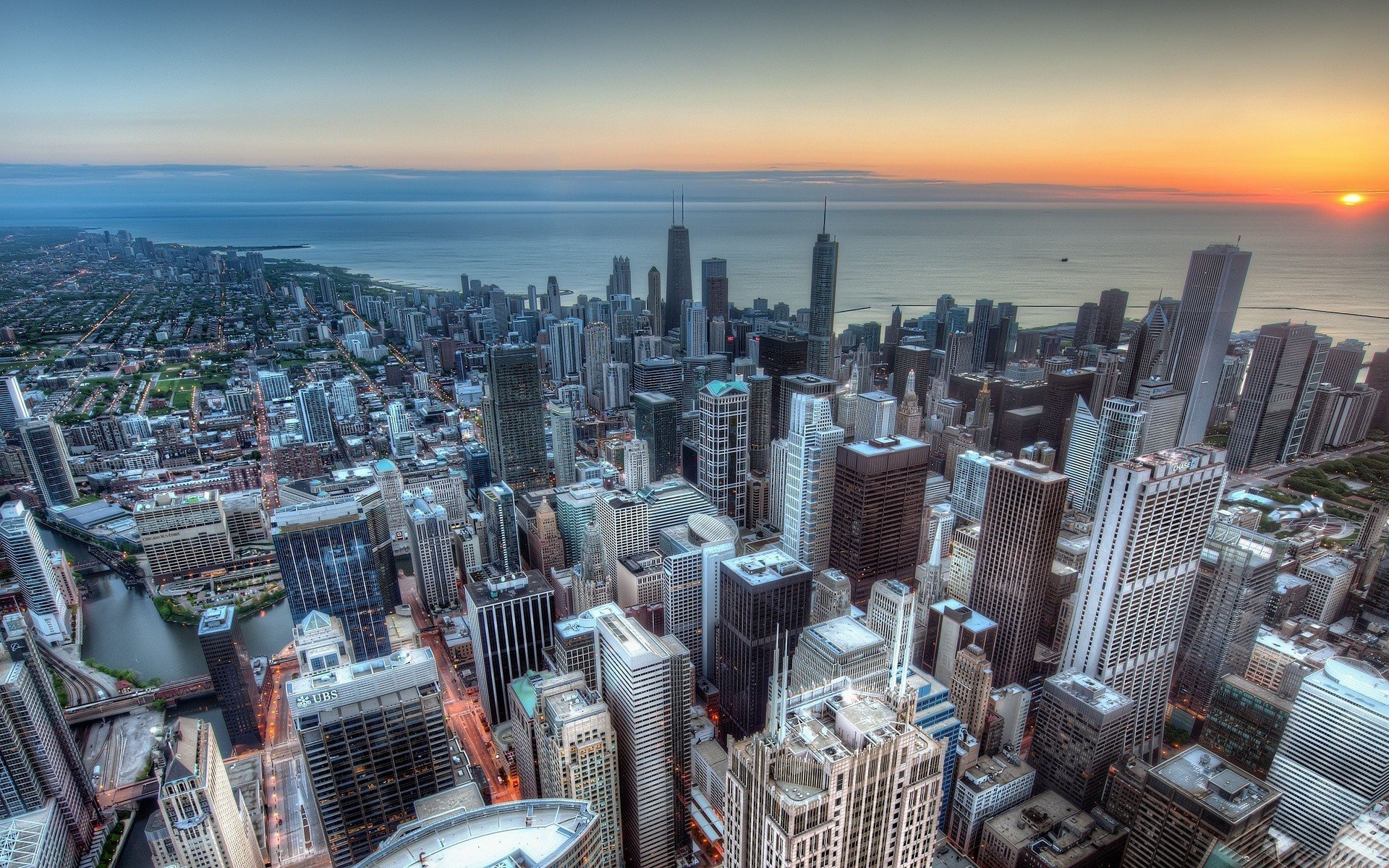 city, Urban, Aerial view, Cityscape, Sunrise, Chicago, Skyscraper Wallpaper