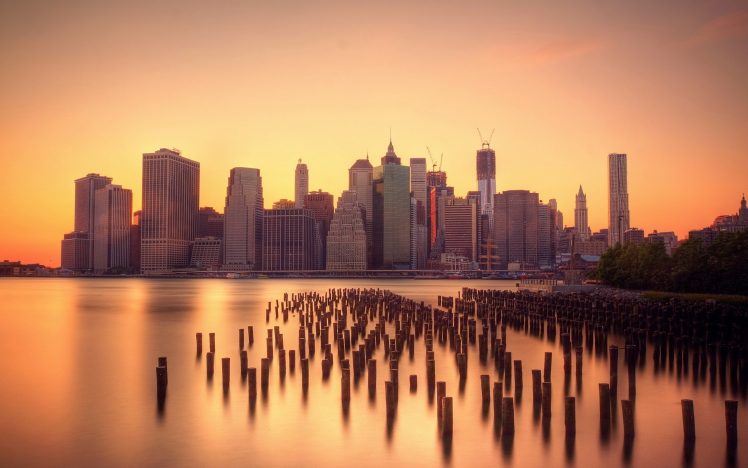 city, Urban, Skyline, Pier, Manhattan, New York City, Sunrise HD Wallpaper Desktop Background