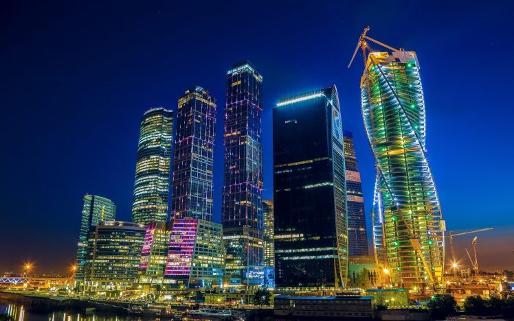 Moscow, Russia, City, Cityscape, Skyscraper, Building, Night HD Wallpaper Desktop Background