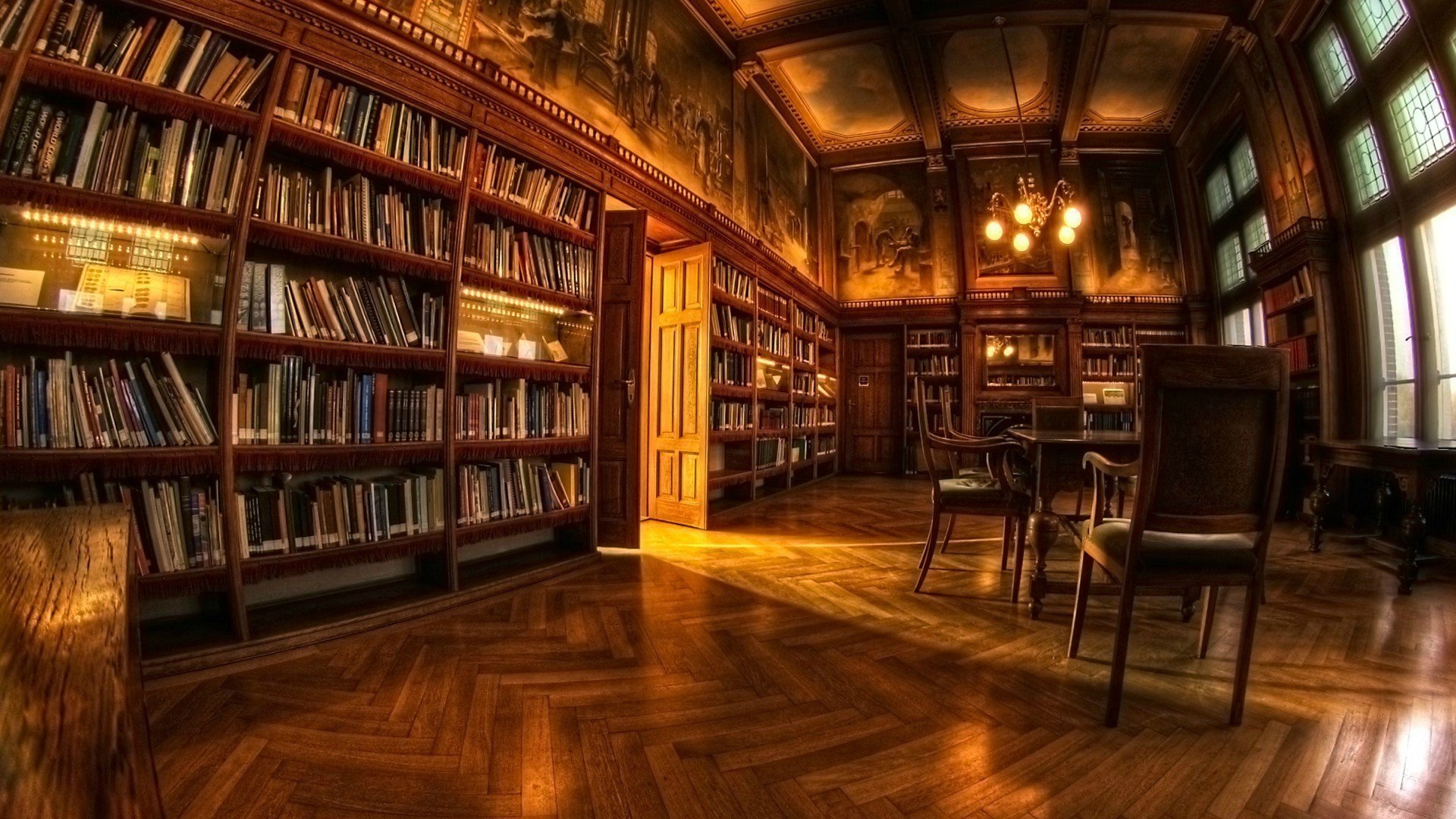 library, Books, Shelves, Fisheye lens, Chair, Lights Wallpaper