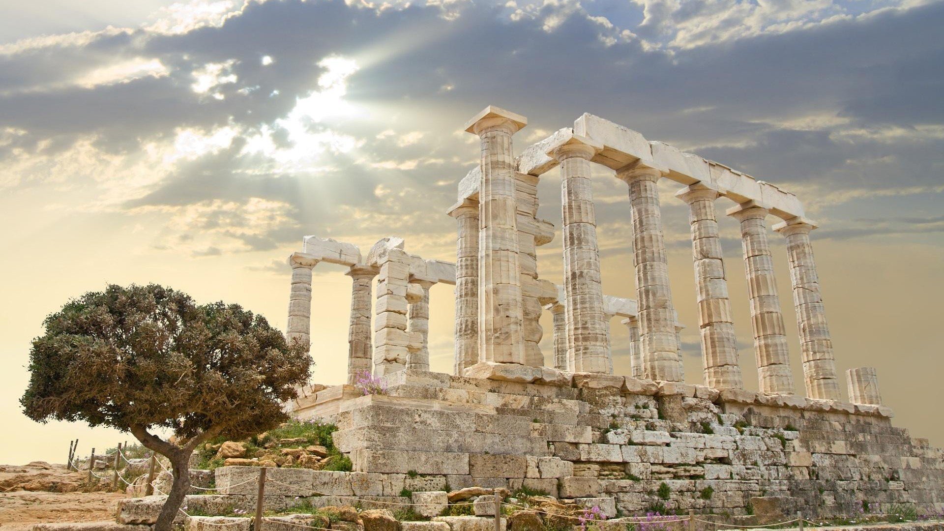 Greece, Temple of Poseidon, Temple of Zeus, Ancient, Athens, Ruin, Pillar, Stone, Sun rays Wallpaper