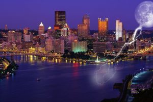 Pittsburgh, Pennsylvania, Cityscape, Photo manipulation, Skyscraper, Moon, Lightning