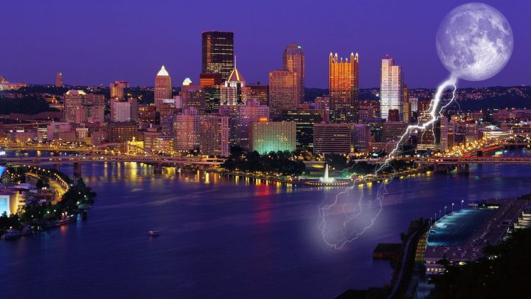 Pittsburgh, Pennsylvania, Cityscape, Photo manipulation, Skyscraper, Moon, Lightning HD Wallpaper Desktop Background