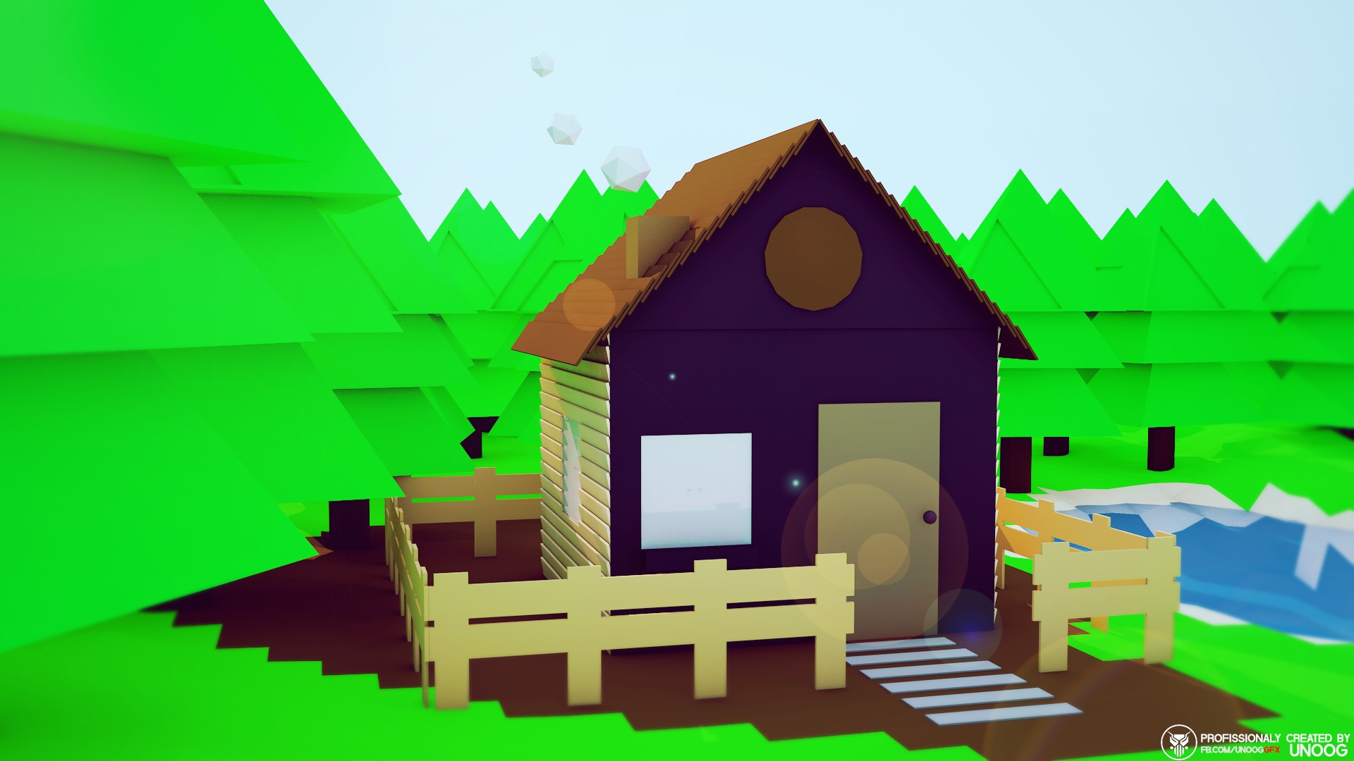 low poly, Isometric, House, Mountain Wallpaper