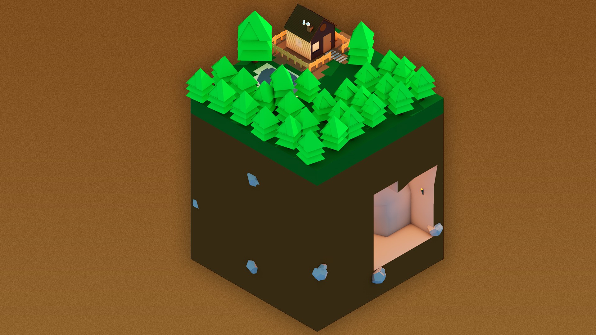 low poly, Isometric, House, Mountain Wallpaper