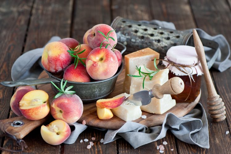 food, Peaches, Cheese, Wooden surface, Honey, Fruit HD Wallpaper Desktop Background