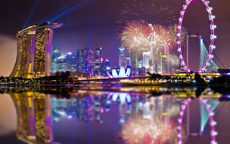 Singapore, Architecture, Fireworks, Lights, Night, Reflection, Marina Bay, Ferris wheel, City, Cityscape, Skyscraper HD Wallpaper Desktop Background