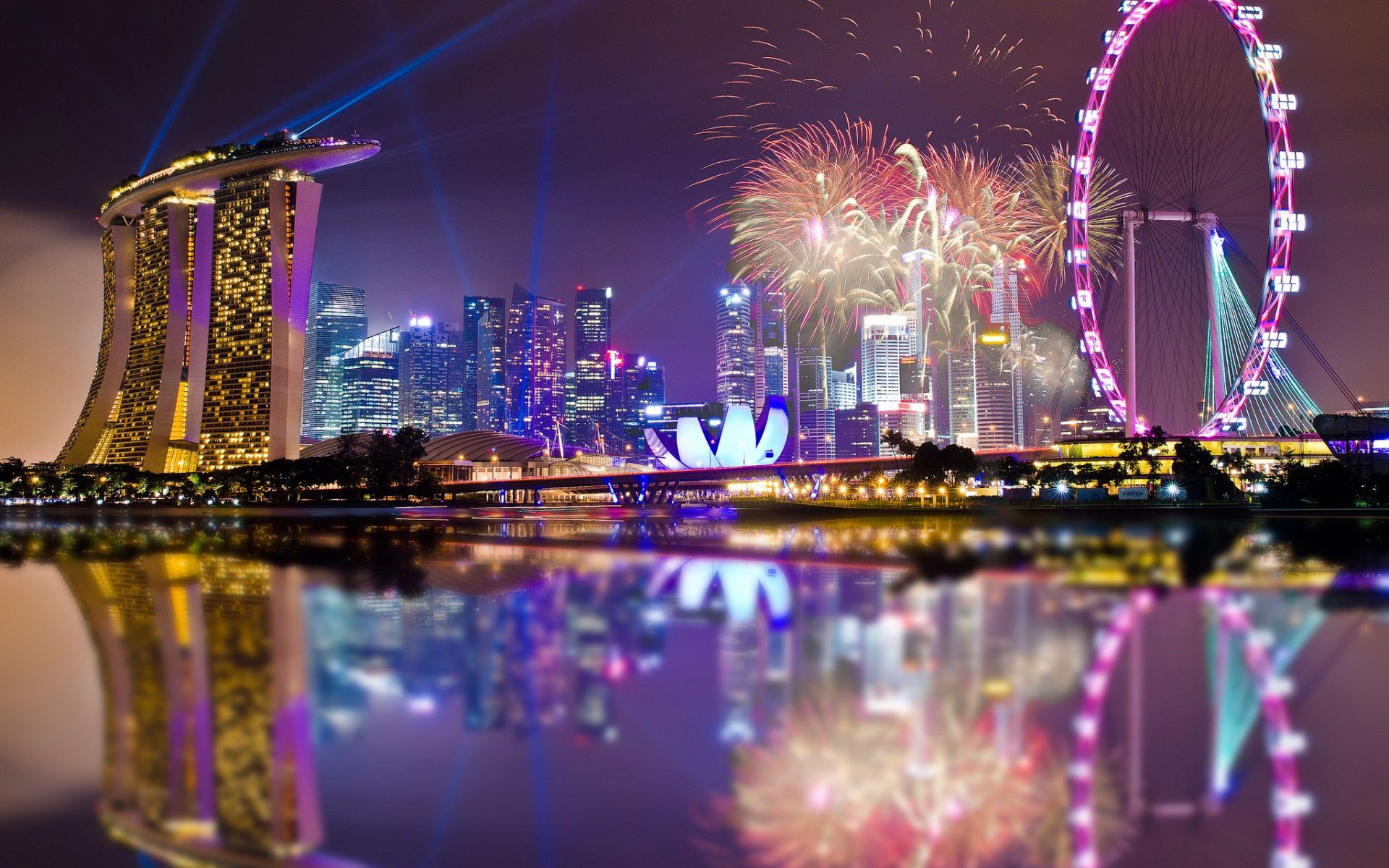 Singapore, Architecture, Fireworks, Lights, Night, Reflection, Marina Bay, Ferris wheel, City, Cityscape, Skyscraper Wallpaper