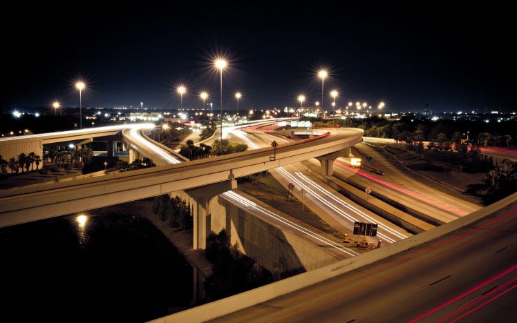 city, Freeway, Night, Long exposure, Road HD Wallpaper Desktop Background