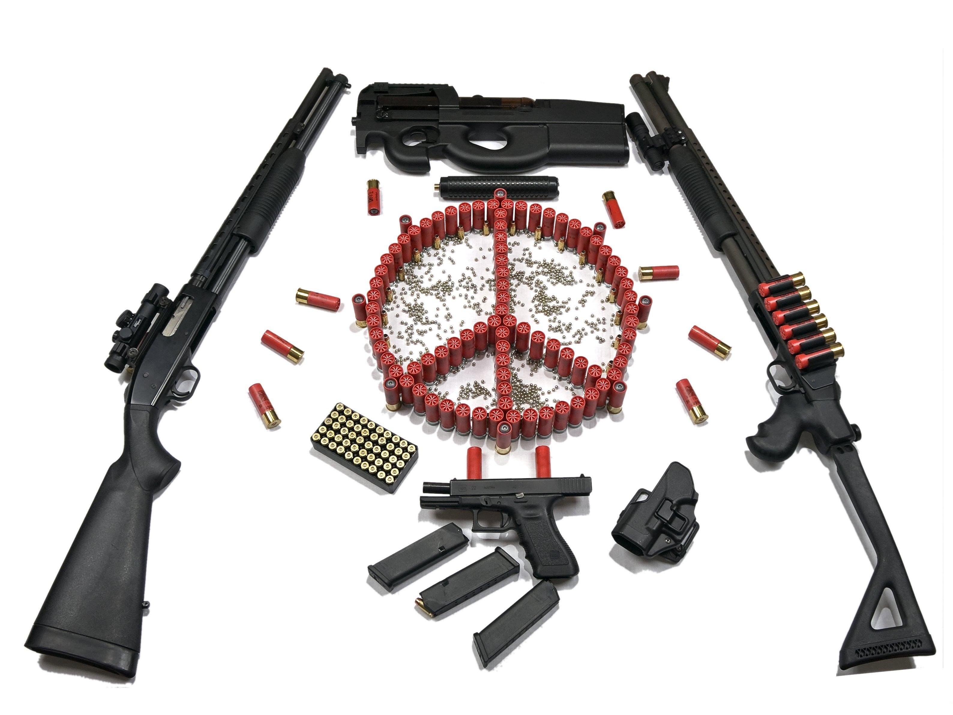 peace sign, Gun, FN P90, Mossberg 500, Glock, Ammunition Wallpaper