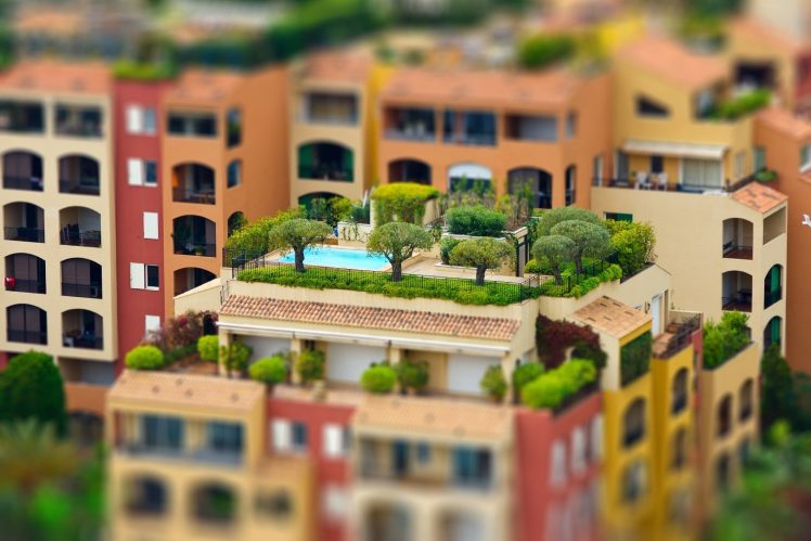 architecture, House, Tilt shift, Town, Trees, Rooftops, Arch, Window, Colorful, Swimming pool HD Wallpaper Desktop Background