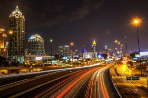 Atlanta, USA, City, Night, Lights, Street light, Building, Skyscraper, Long exposure