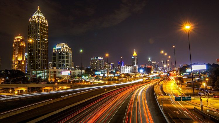 Atlanta, USA, City, Night, Lights, Street light, Building, Skyscraper, Long exposure HD Wallpaper Desktop Background