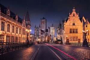 city, Road, Street, Street light, Building, Old building, Architecture, Night, Belgium, Gent
