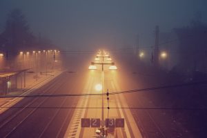 train station, Night, Mist