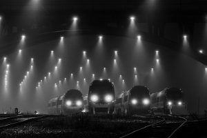 night, Lights, Train station, Railway, Mist, Monochrome, Technology