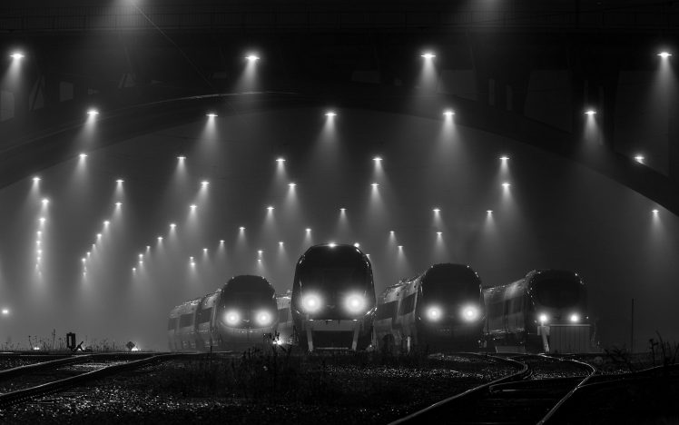 night, Lights, Train station, Railway, Mist, Monochrome, Technology HD Wallpaper Desktop Background