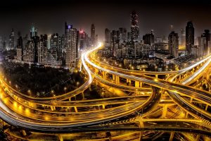 Shanghai, Cityscape, Skyscraper, Lights, Urban, Architecture, Night, Highway, Gold, Modern, Building, China, Road