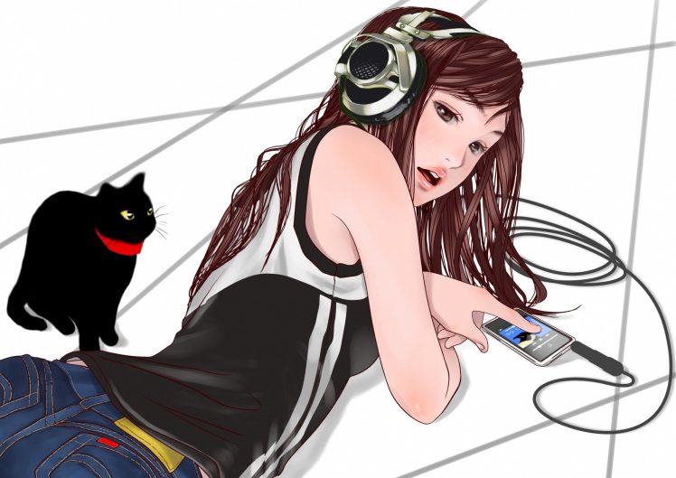 anime girls, Headphones HD Wallpaper Desktop Background