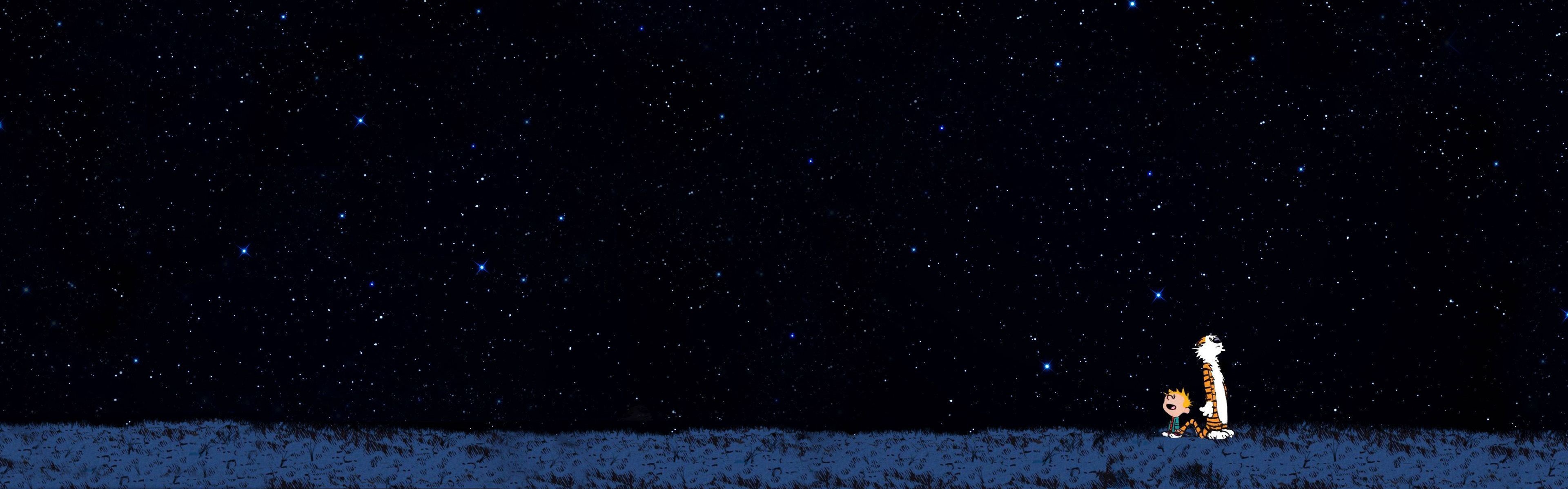 Calvin and Hobbes, Stars, Starry night, Simple background, Multiple display Wallpaper