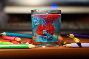 table, Glass, Water, Pencils, Paint splatter, Colorful, Depth of field, Photography, Bokeh