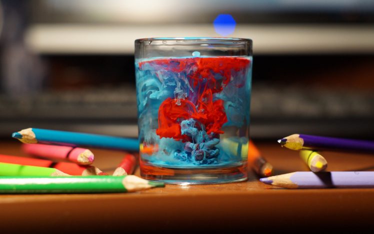 table, Glass, Water, Pencils, Paint splatter, Colorful, Depth of field, Photography, Bokeh HD Wallpaper Desktop Background