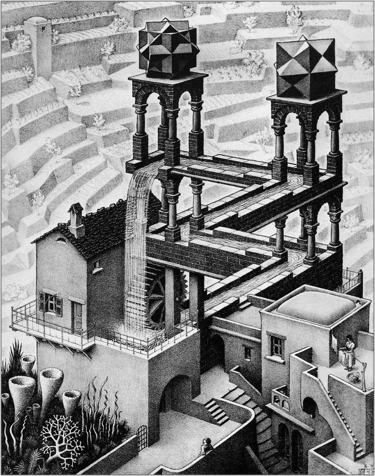 loop, M. C. Escher, Optical illusion, Lithograph, Waterfall HD Wallpaper Desktop Background