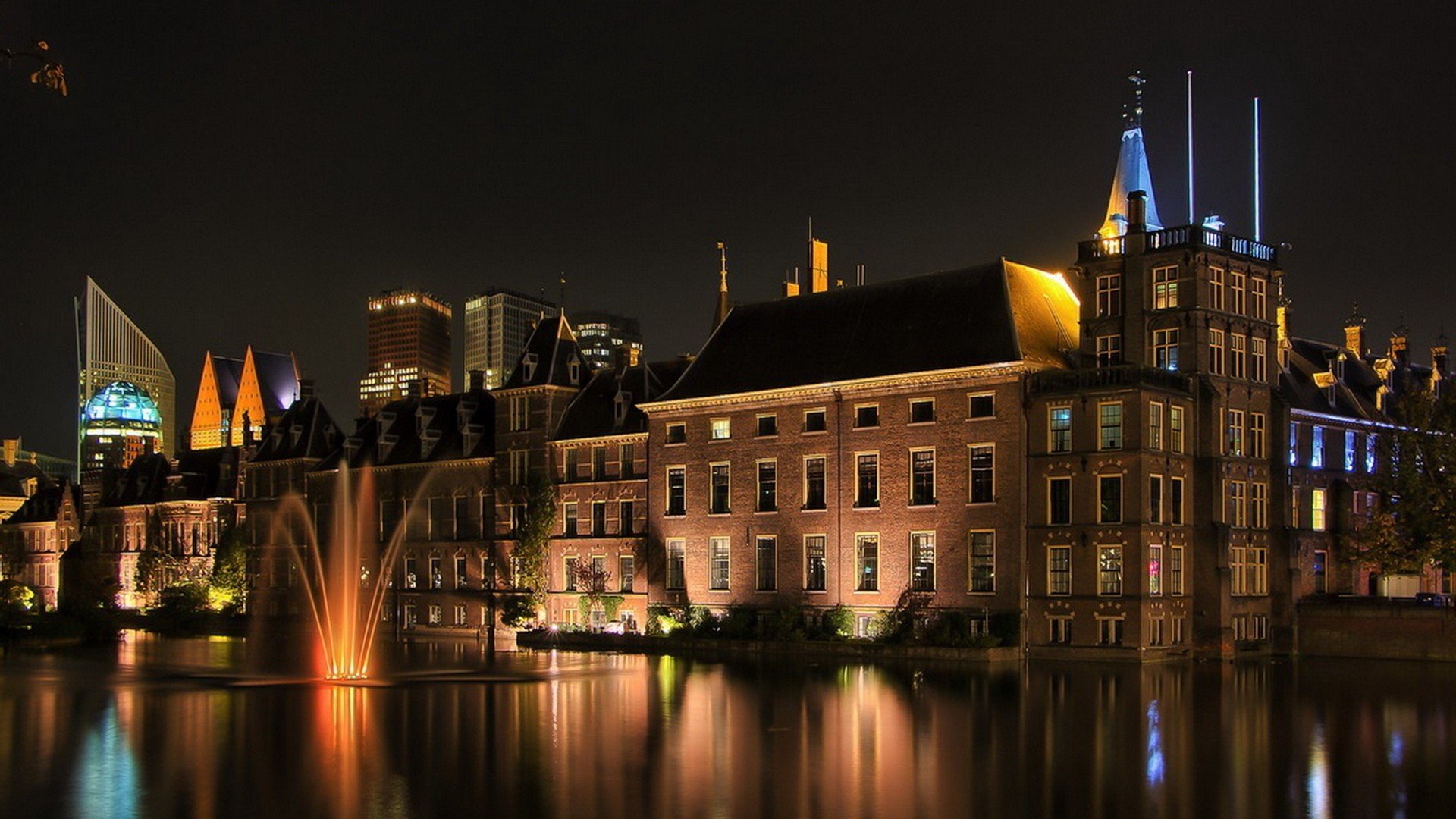 architecture, Building, Water, Reflection, Long exposure, Night, Lights, Old building, Fountain, Modern, Window Wallpaper