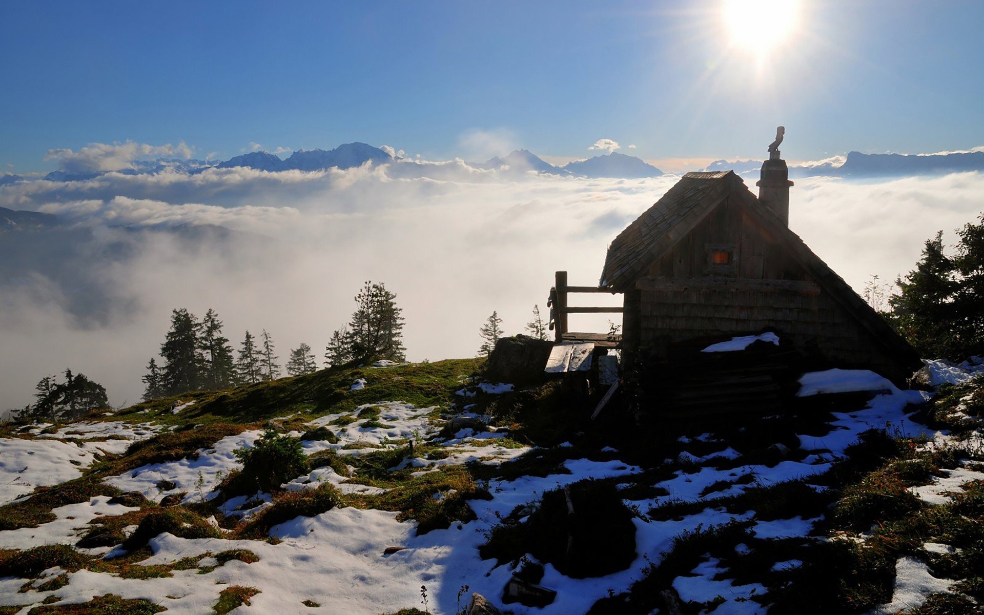 Austria, Cabin, Snowy peak Wallpaper