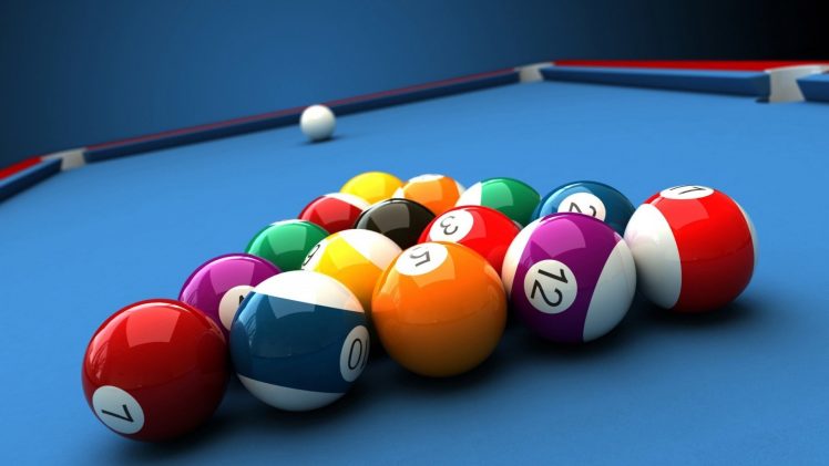 billiard balls, Pool table, Ball, Colorful, Numbers, Closeup, Depth of field, Render, CGI HD Wallpaper Desktop Background