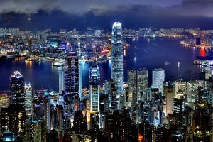 Hong Kong, City, Night, Skyscraper, Building, Lights, Multiple display