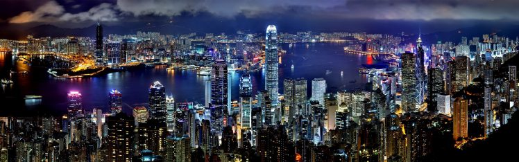 Hong Kong, City, Night, Skyscraper, Building, Lights, Multiple display HD Wallpaper Desktop Background