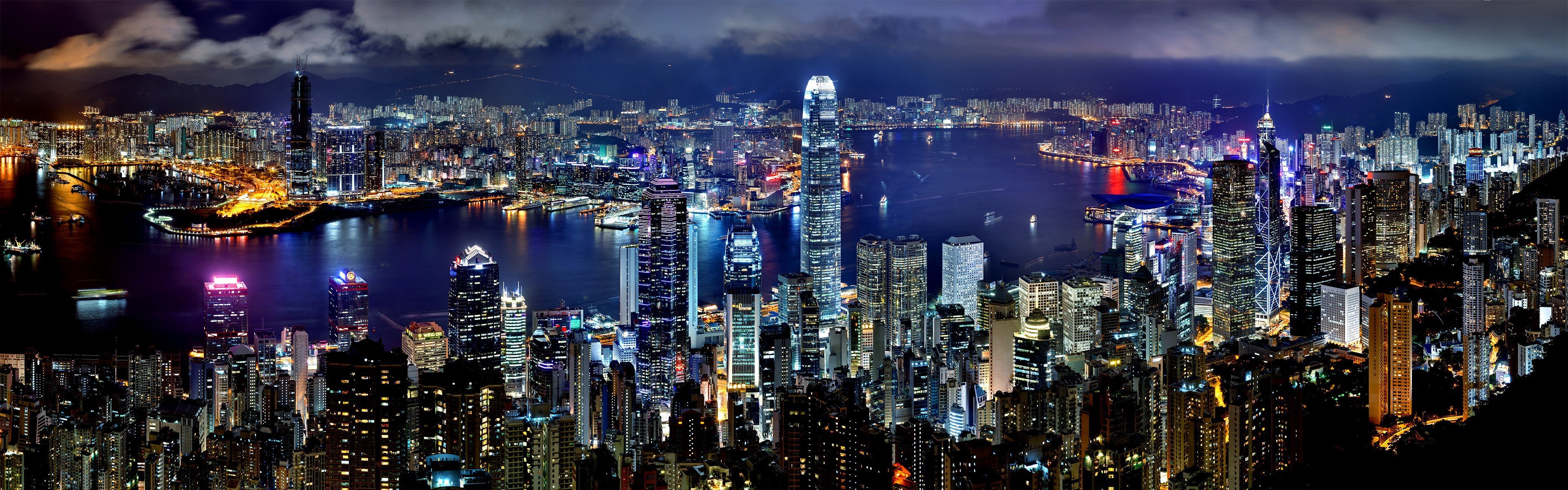 Hong Kong, City, Night, Skyscraper, Building, Lights, Multiple display Wallpaper