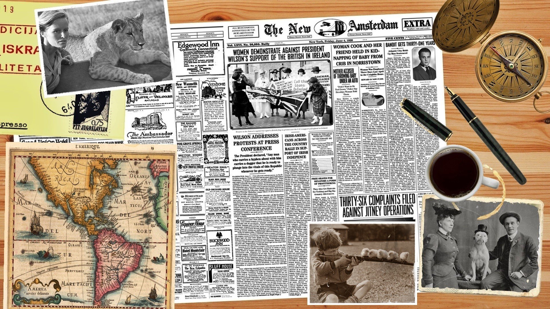 table, Newspapers, Old photos, Compass, Map, Coffee, Pens Wallpaper
