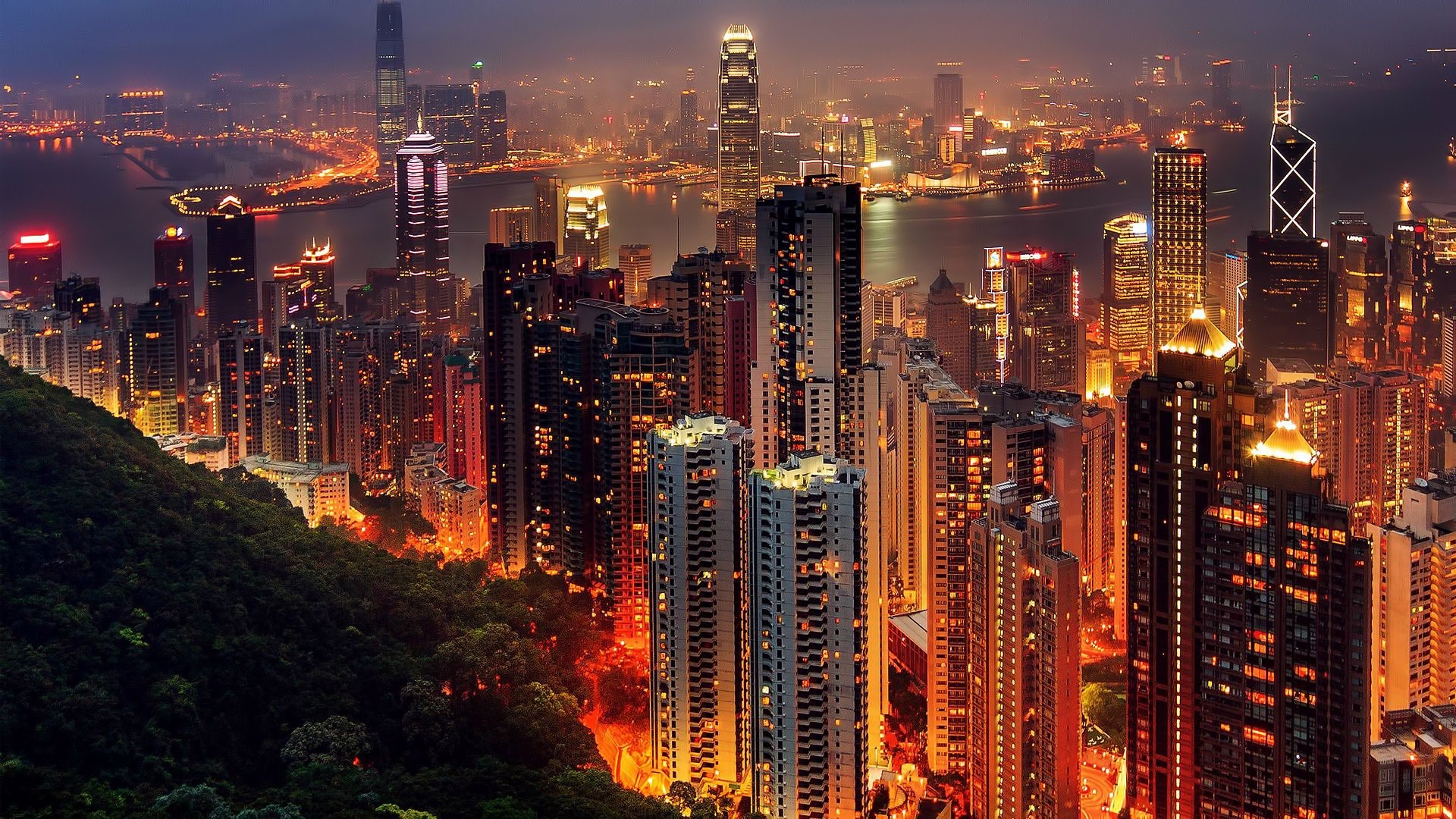 Hong Kong, City, Lights, Night Wallpaper