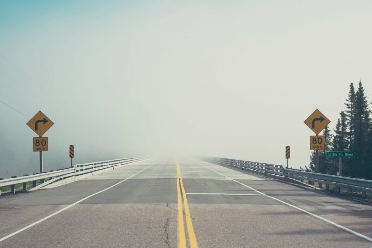 road, Bridge, Trees, Road sign, Ontario, Canada, Mist HD Wallpaper Desktop Background