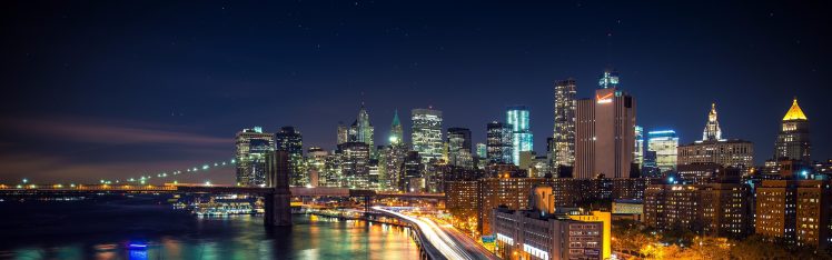 New York City, City, Night, Lights, Long exposure, Brooklyn Bridge, Multiple display HD Wallpaper Desktop Background