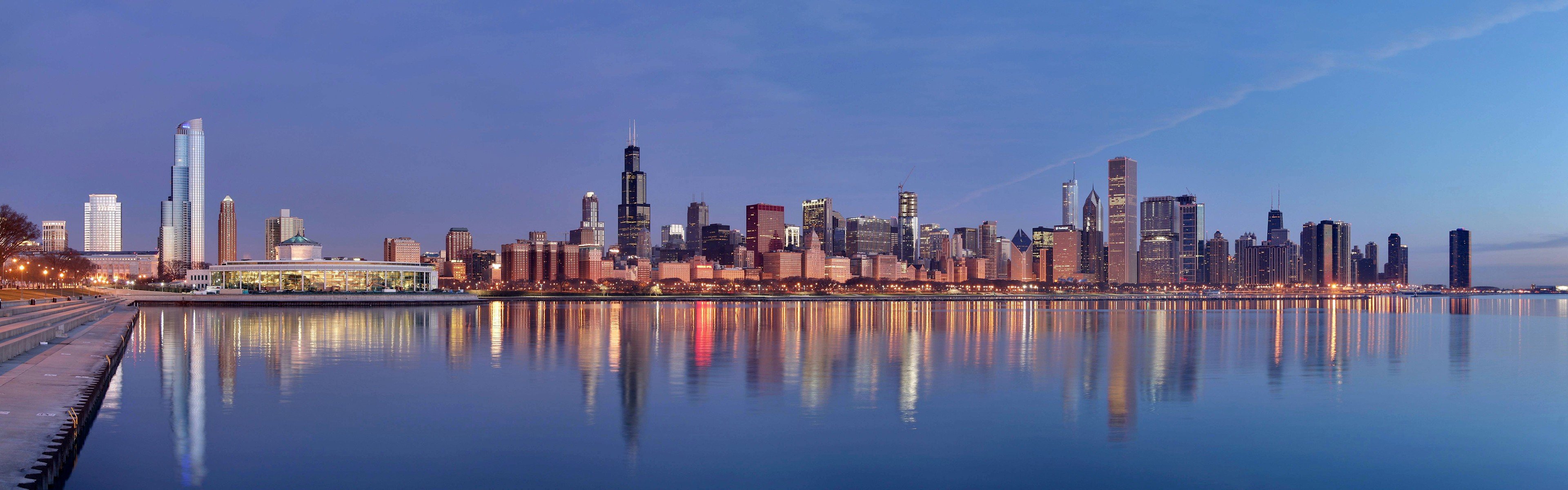 city, Chicago, Illinois, USA, Reflection, Multiple display Wallpaper