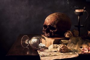 skull, Drinking glass, Table, Books, Map