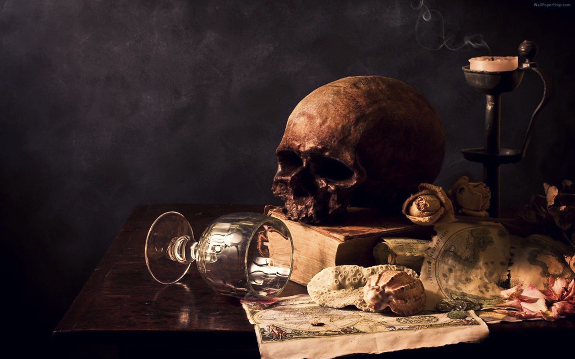 skull, Drinking glass, Table, Books, Map Wallpaper