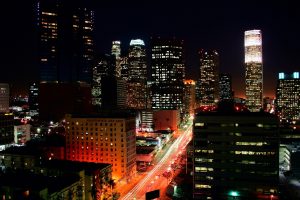 city, Cityscape, Building, Skyscraper, Road, Lights, Traffic lights, Street light, Night, Los Angeles, USA
