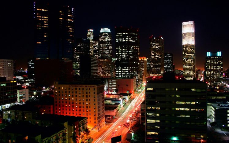 city, Cityscape, Building, Skyscraper, Road, Lights, Traffic lights, Street light, Night, Los Angeles, USA HD Wallpaper Desktop Background