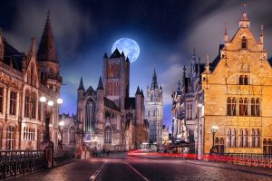 Belgium, Cobblestone, Street light, Moon, Architecture, Starry night, Urban, Europe, Gothic architecture, Night, Long exposure, Light trails