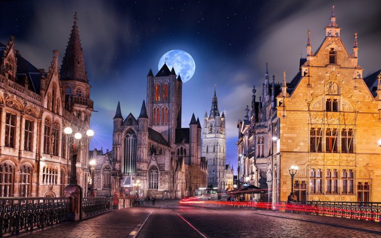 Belgium, Cobblestone, Street light, Moon, Architecture, Starry night, Urban, Europe, Gothic architecture, Night, Long exposure, Light trails HD Wallpaper Desktop Background