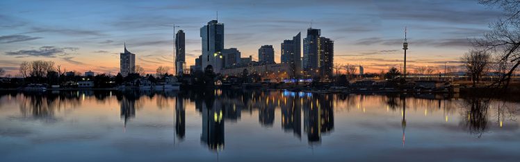city, Vienna, Austria, Sunrise, Reflection, Multiple display HD Wallpaper Desktop Background