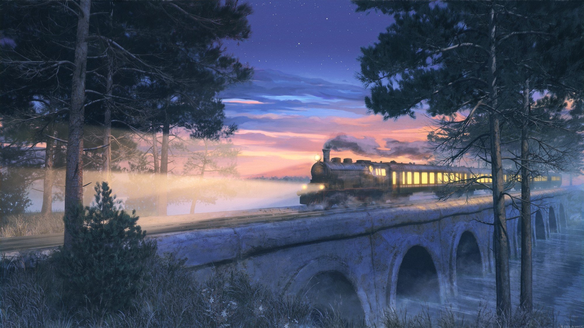 ArseniXC, Train, Bridge, Night, Steam locomotive Wallpaper
