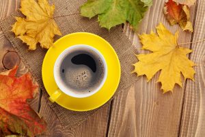 fall, Maple leaves, Mugs, Coffee, Table
