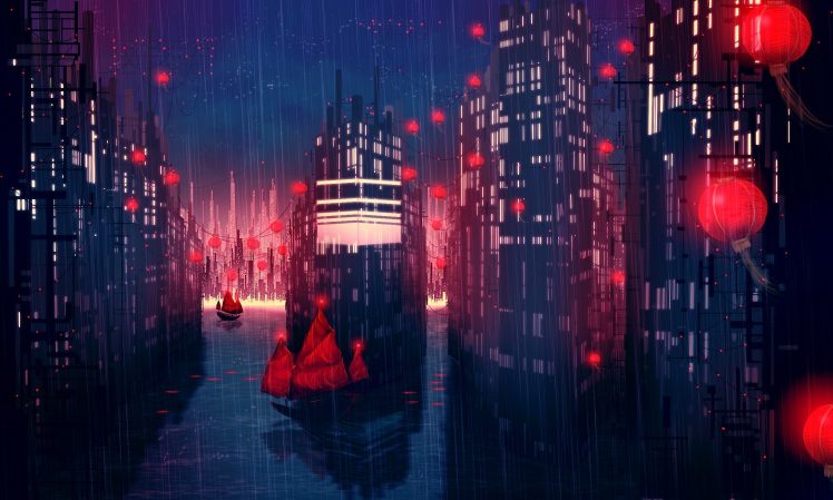 lantern, Junk, Rain, City, Night HD Wallpaper Desktop Background