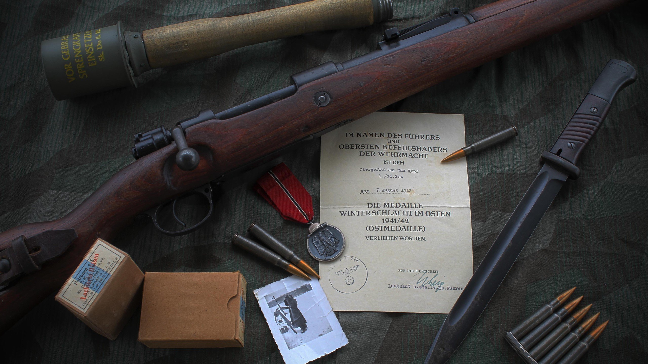 gun, Bolt action rifle, Mauser, Mauser Kar98k, World War II, Grenades, Knife Wallpaper